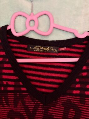 Ed Hardy Women’s Red and Black V-Neck Striped Sweater